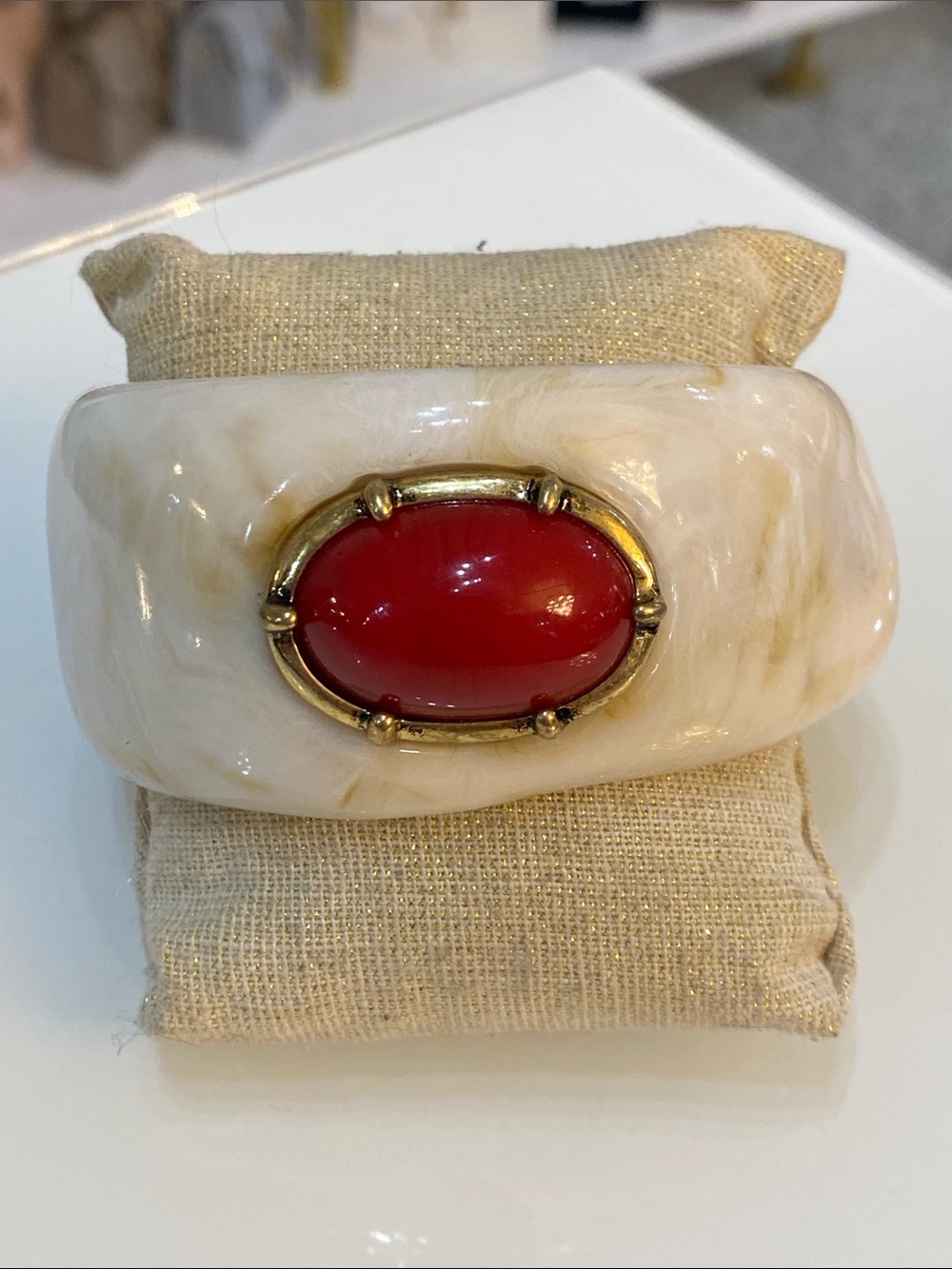Ivory Resin Bangle with Red Cabochon Accent - Picture 5 of 7